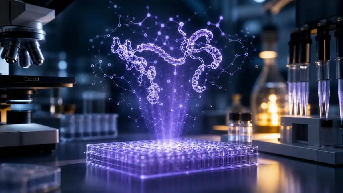 An illuminated peptide structure and AI network above a laboratory screening plate representing the Anthropic AI for Science Grant